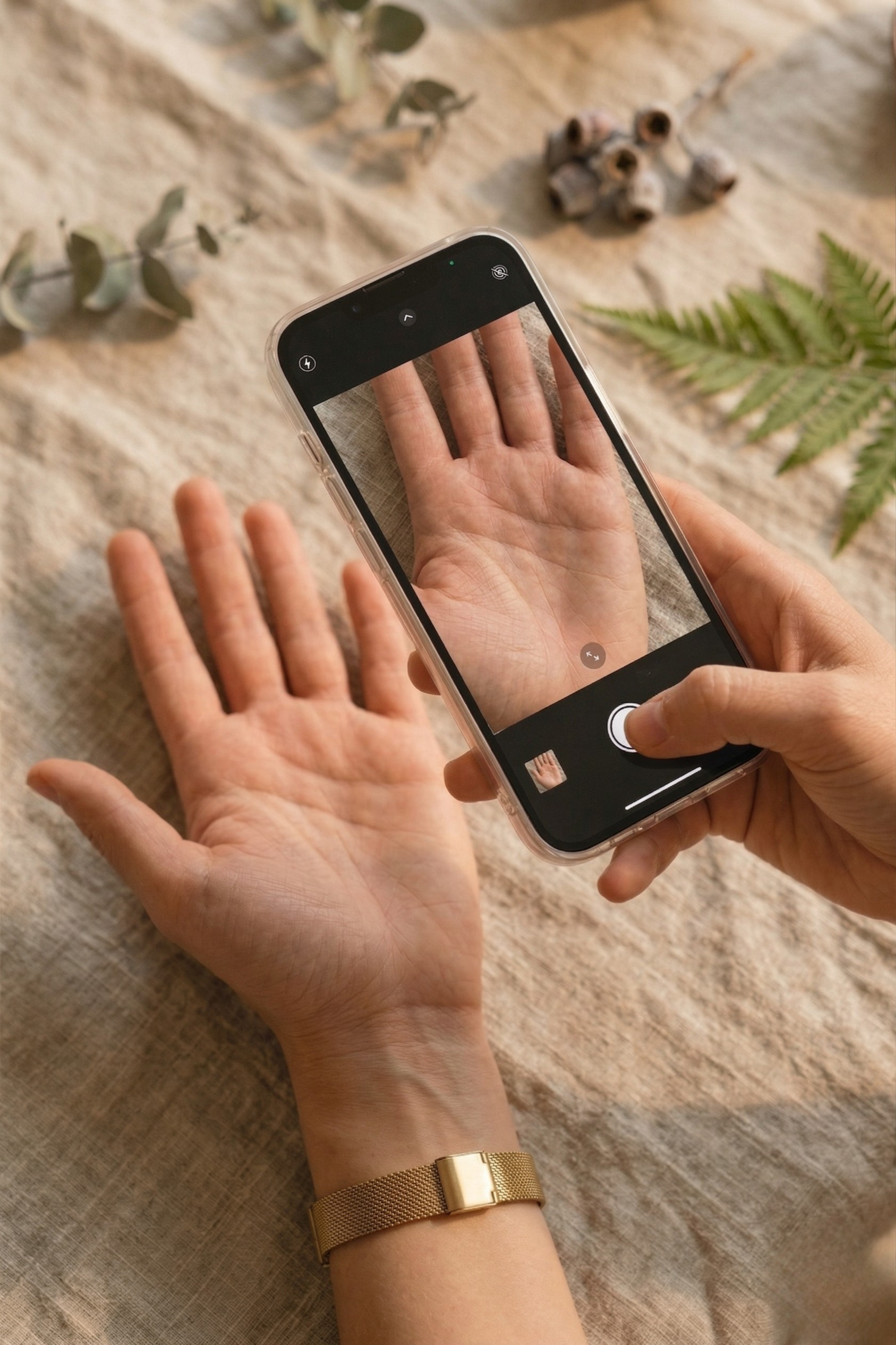 A person taking a photo of their open palm with a smartphone on a beige fabric surface, with dried leaves, small pinecones, and green fern leaves nearby.