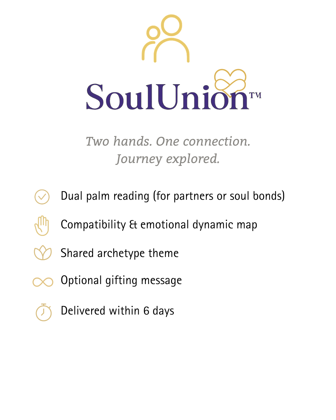 Details about SoulUnion service, including dual palm reading, compatibility map, shared archetype theme, optional gifting message, and delivery timeframe.
