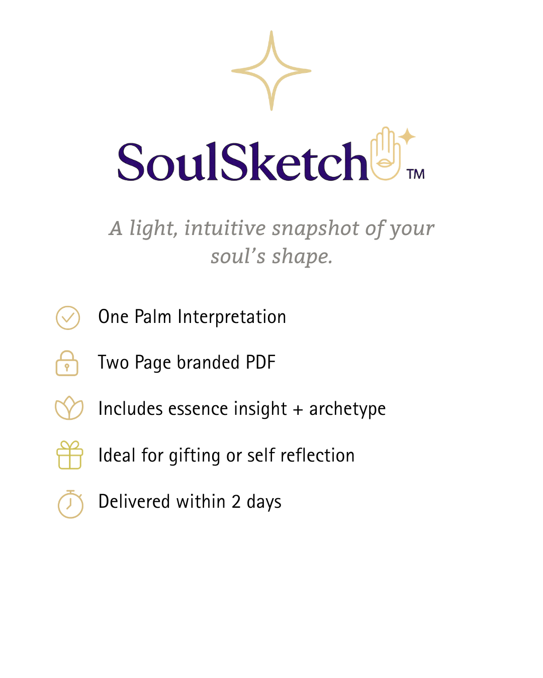 SoulSketch logo with tagline, and list of features including one palm interpretation, two-page branded PDF, includes essence insight and archetype, ideal for gifting or self-reflection, delivered within 2 days.