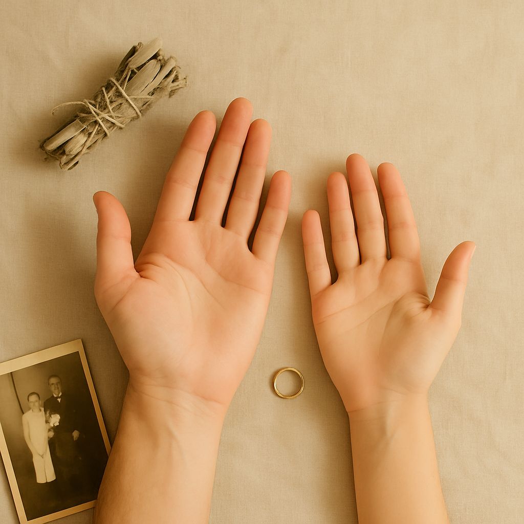 A pair of realistic silicone hands with a gold wedding ring between them, a small bundle of sage, a vintage photo of a couple, and a plain background.