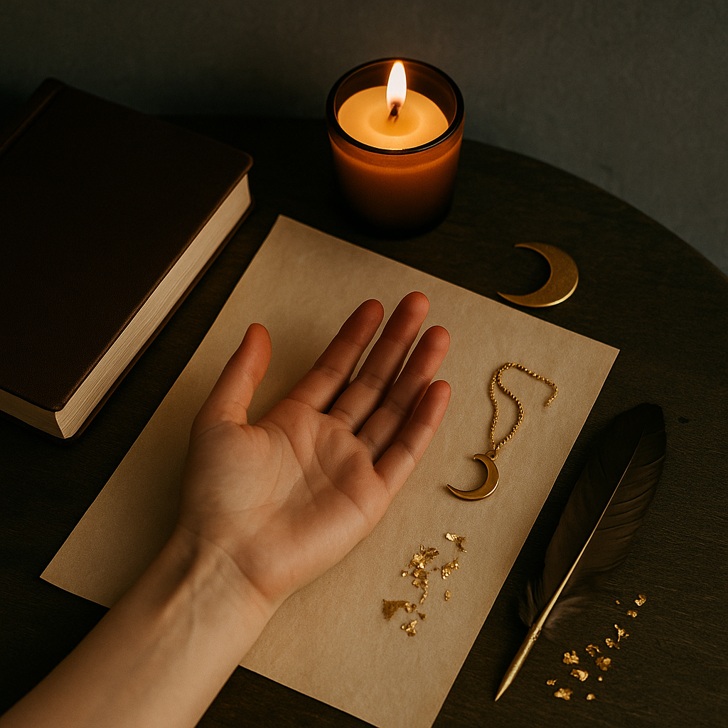 A hand above a paper on a dark wooden table with a gold crescent moon necklace, earrings, gold flakes, a black feather quill, a dark-covered book, a lit candle, and a gold crescent moon decoration.