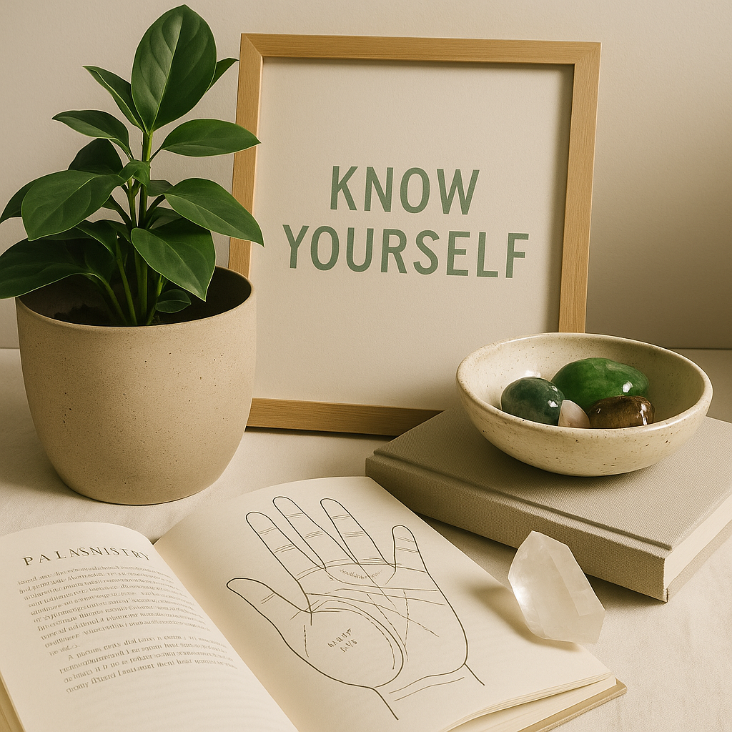 A framed sign that says "KNOW YOURSELF" with a potted plant, a bowl of polished stones, a book open to a palmistry chart, a closed book, and a crystal on a white surface.