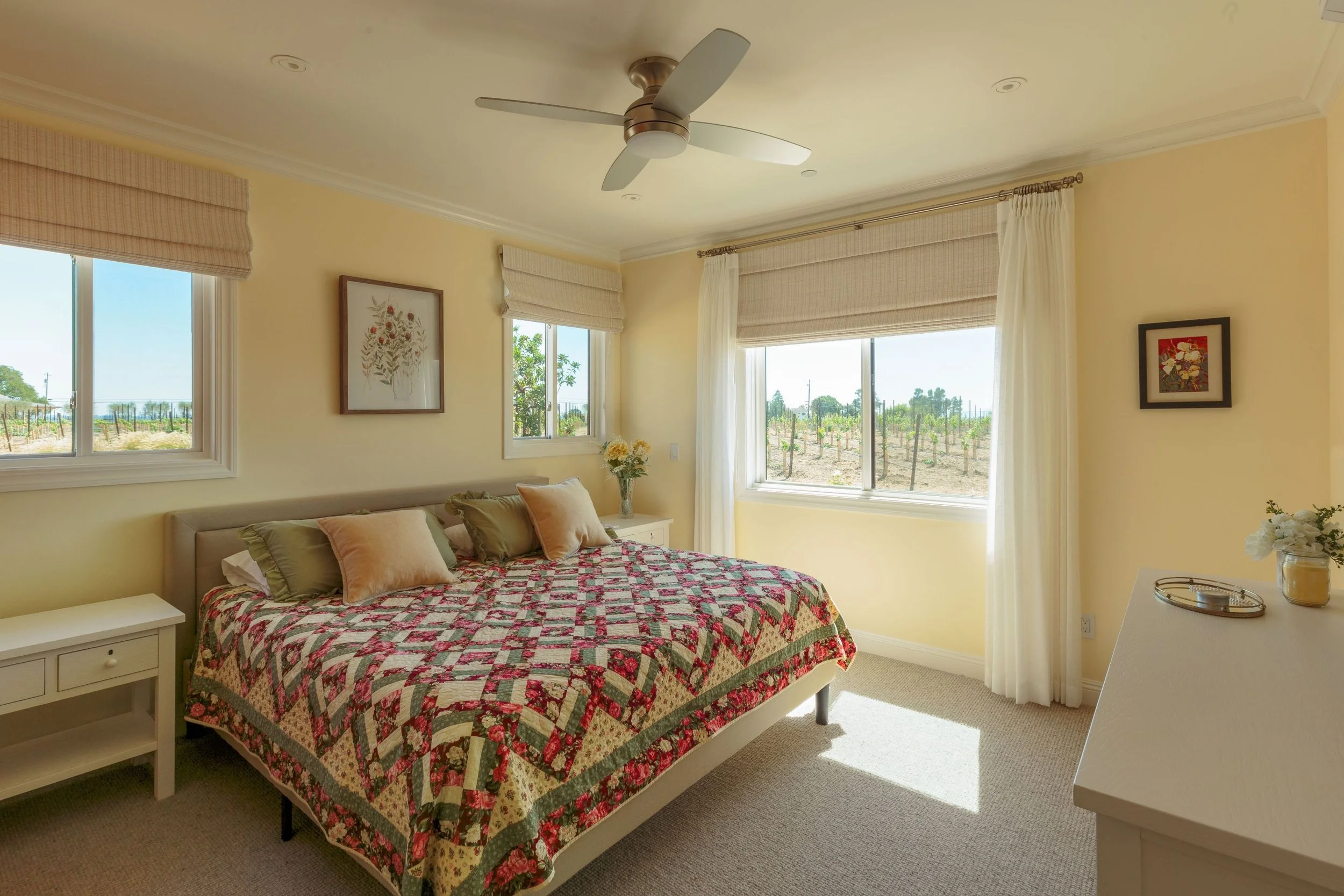 Bedroom in new construction Napa home with custom cabinetry and painting finished by San Francisco Bay Area painting company Chroma Colors.