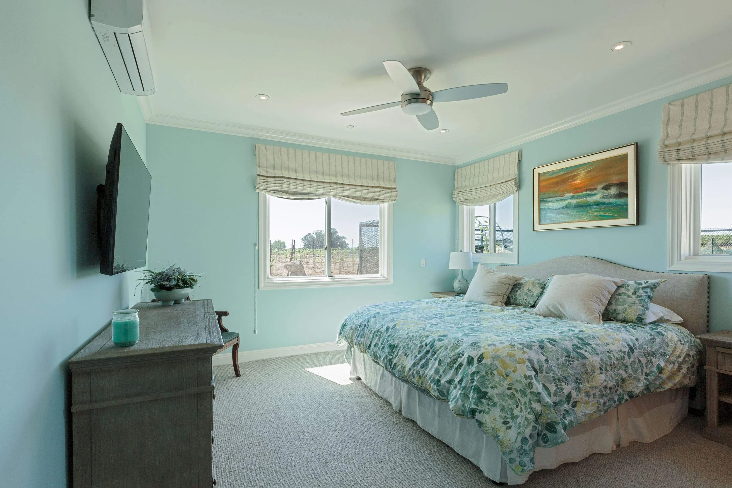 Bedroom inside luxurious Napa home with painted by Bay Area luxury painting company Chroma Colors.