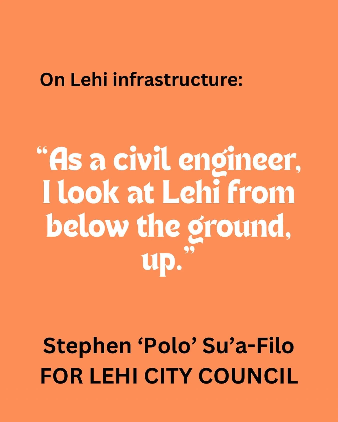 I&rsquo;m a civil engineer by trade. I know how our infrastructure works, and I work every day to manage our waterways. When I look at a city, I see it from below the ground, up, and will bring technical expertise and perspective to @lehi_city Counci