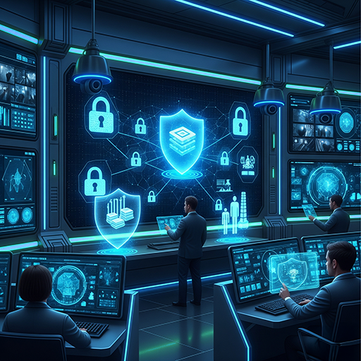 A futuristic control room with digital security icons, a large holographic shield, lock symbols, and data charts, where several individuals work at computer stations.