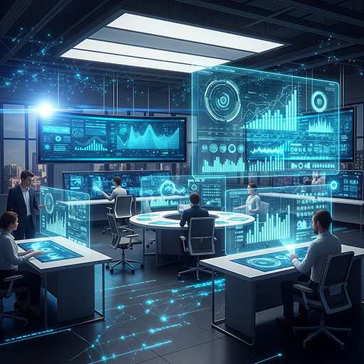 Futuristic control room with multiple large digital screens displaying data charts and graphs, and people working at desks with holographic interfaces.