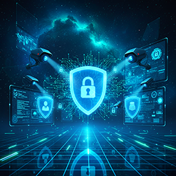 Digital illustration of cybersecurity theme with a central shield and padlock, surrounded by floating screens displaying shields, maps, and data, all set in a futuristic, glowing blue digital landscape.