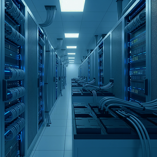 A data center with rows of server racks, blue LED lights, and network cables in a clean, well-lit environment.