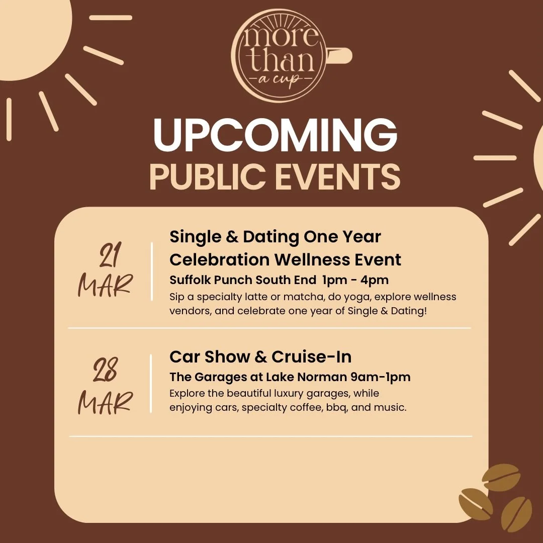 Join us at either of our popups this month! ☕️

📍Saturday March 21st 1pm-4pm: @singleanddating_clt One Year Celebration Wellness Event at @suffolkpunchsouthend 

📍Saturday March 28th 9am-1pm: Car Show &amp; Cruise-In at @garagesatlkn 

We don&rsquo