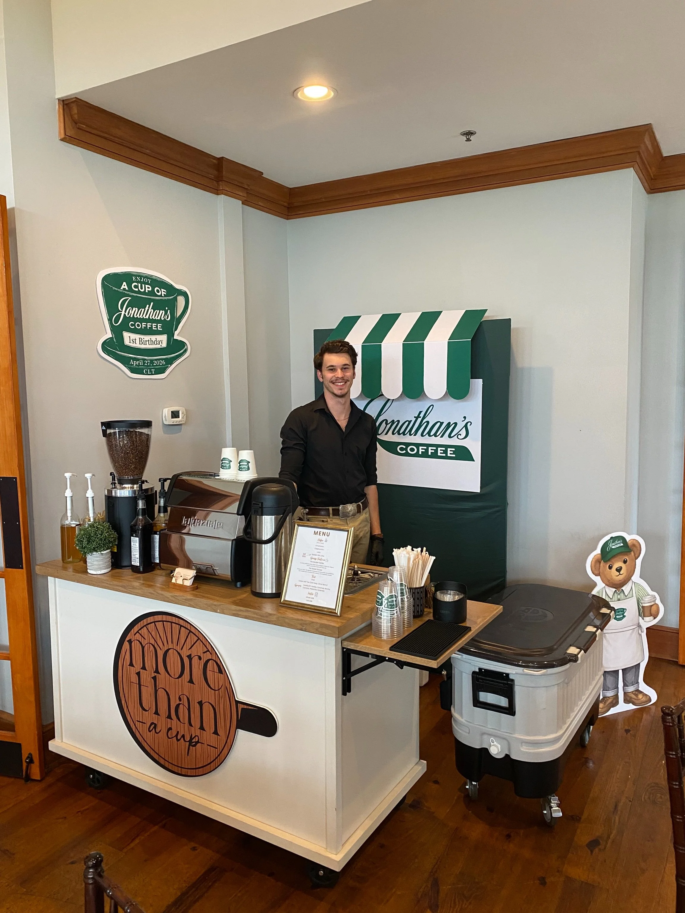 We turned a birthday party into a themed coffee shop. ☕

The host sent us a logo and provided the backdrop. We showed up with branded cups, handcrafted matcha lattes, cappuccinos, and specialty drinks &mdash; and handled everything else.

All we need
