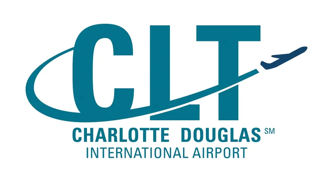 Logo for Charlotte Douglas International Airport featuring stylized text 'CLT' with an airplane and curved line