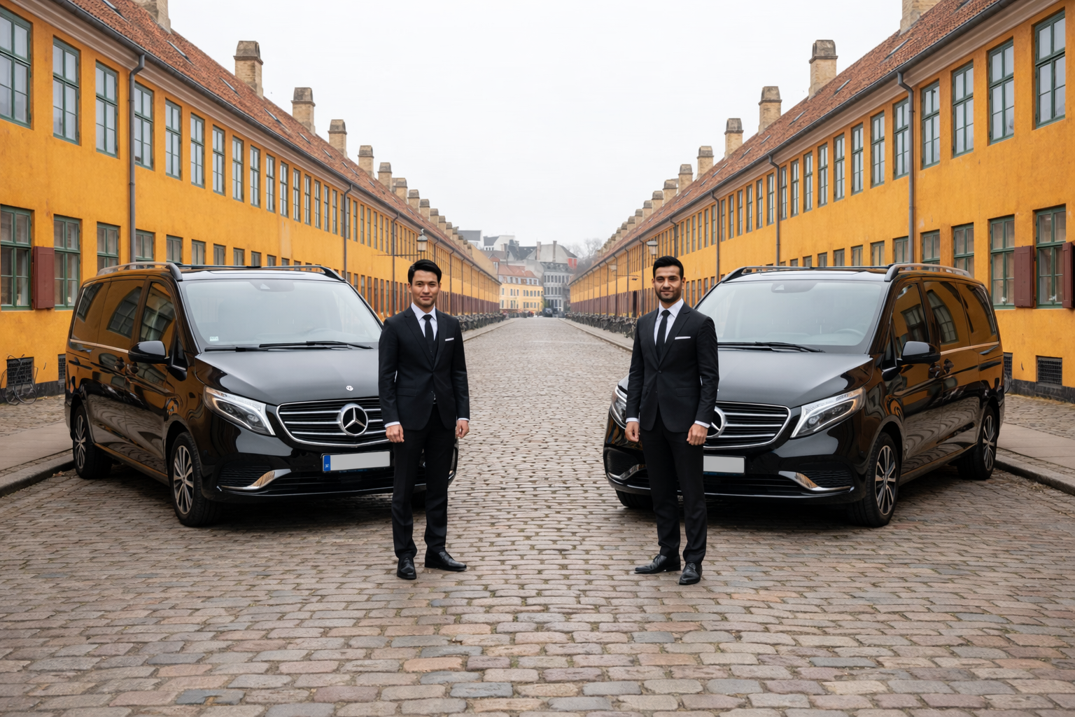 Two professional chauffeurs in black suits standing between two black premium Mercedes vans in Copenhagen.