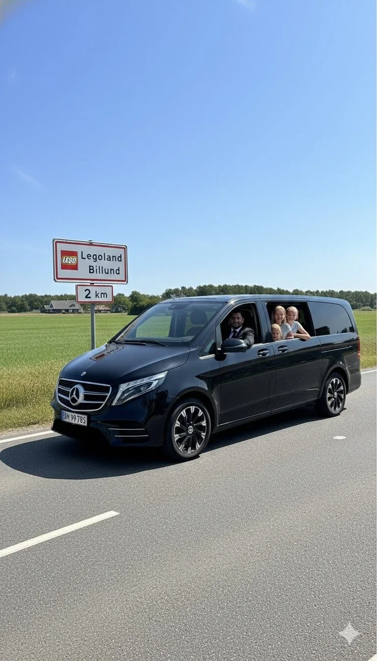Mercedes premium van with happy family driven by chauffeur to Legoland Billund
