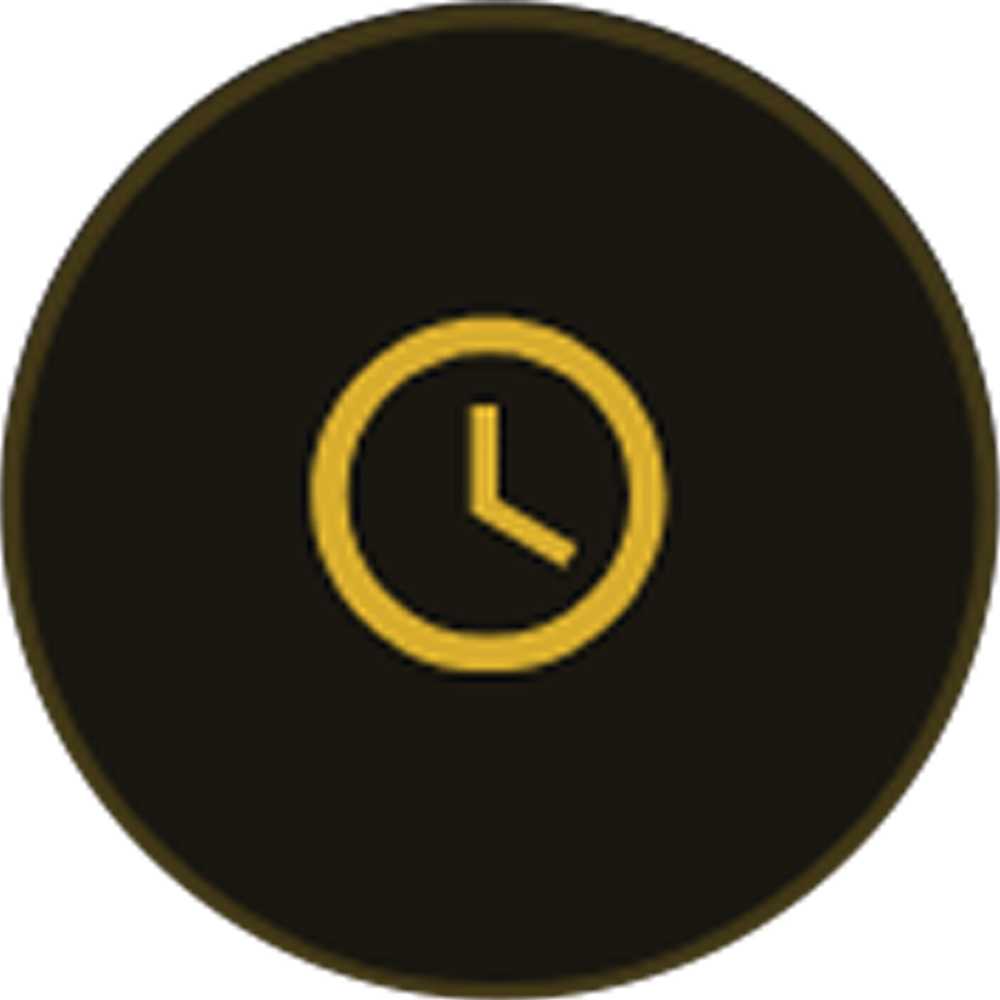 Clock icon on a black and gold circular background representing Complimentary waiting time.