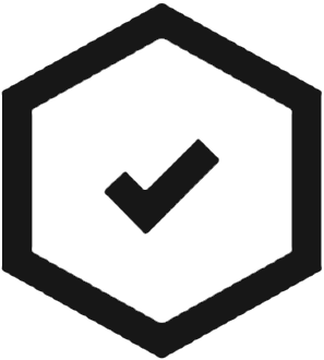 Black checkmark inside a hexagon icon representing approval.