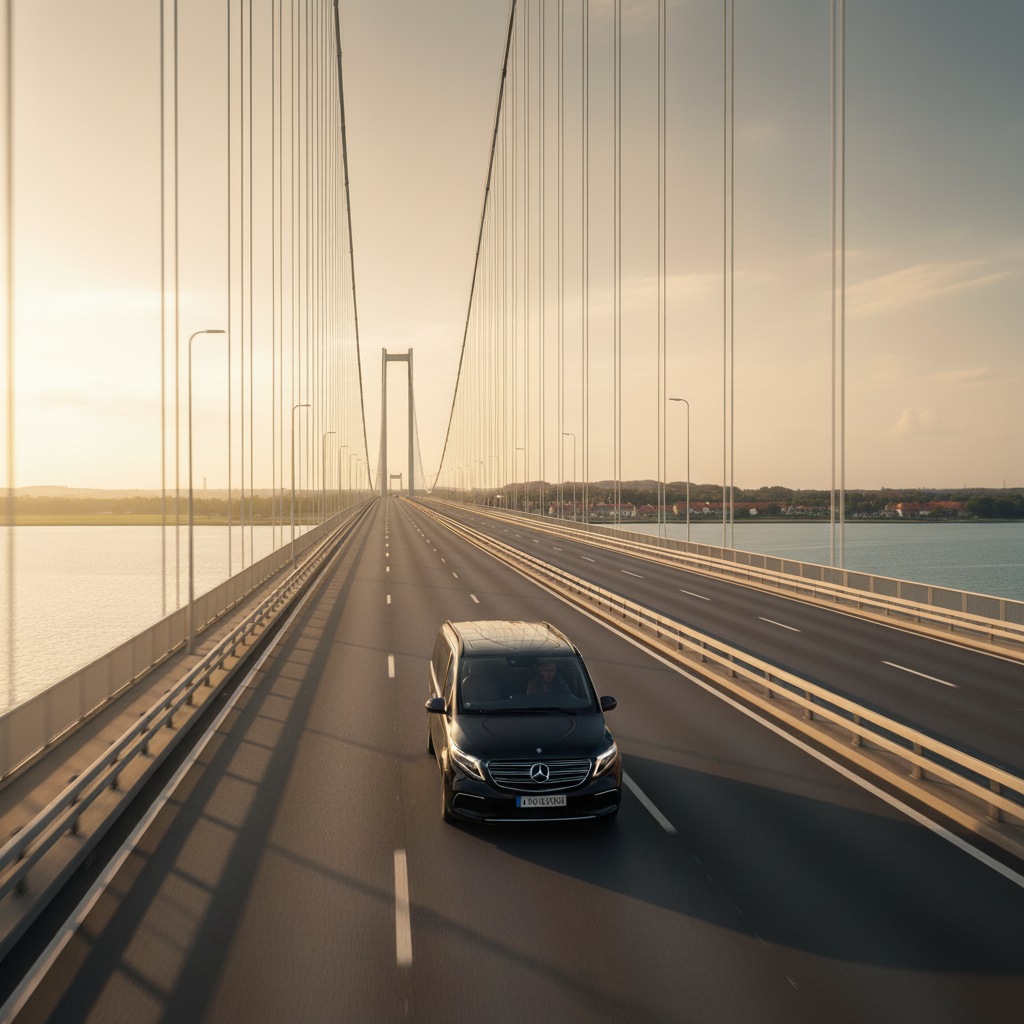 A black Mercedes-Benz van driving on storebelts bridge over water, with a large suspension bridge tower in the distance at sunset heading towards Billund Legoland.