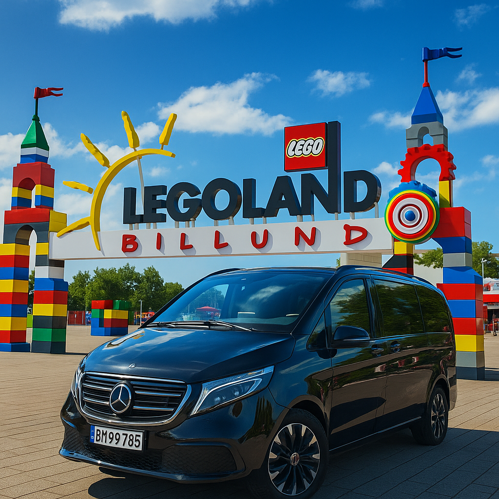A black Mercedes-Benz van ready for pickup in front of the entrance sign of Legoland Billund, which features colorful Lego structures and a blue sky.