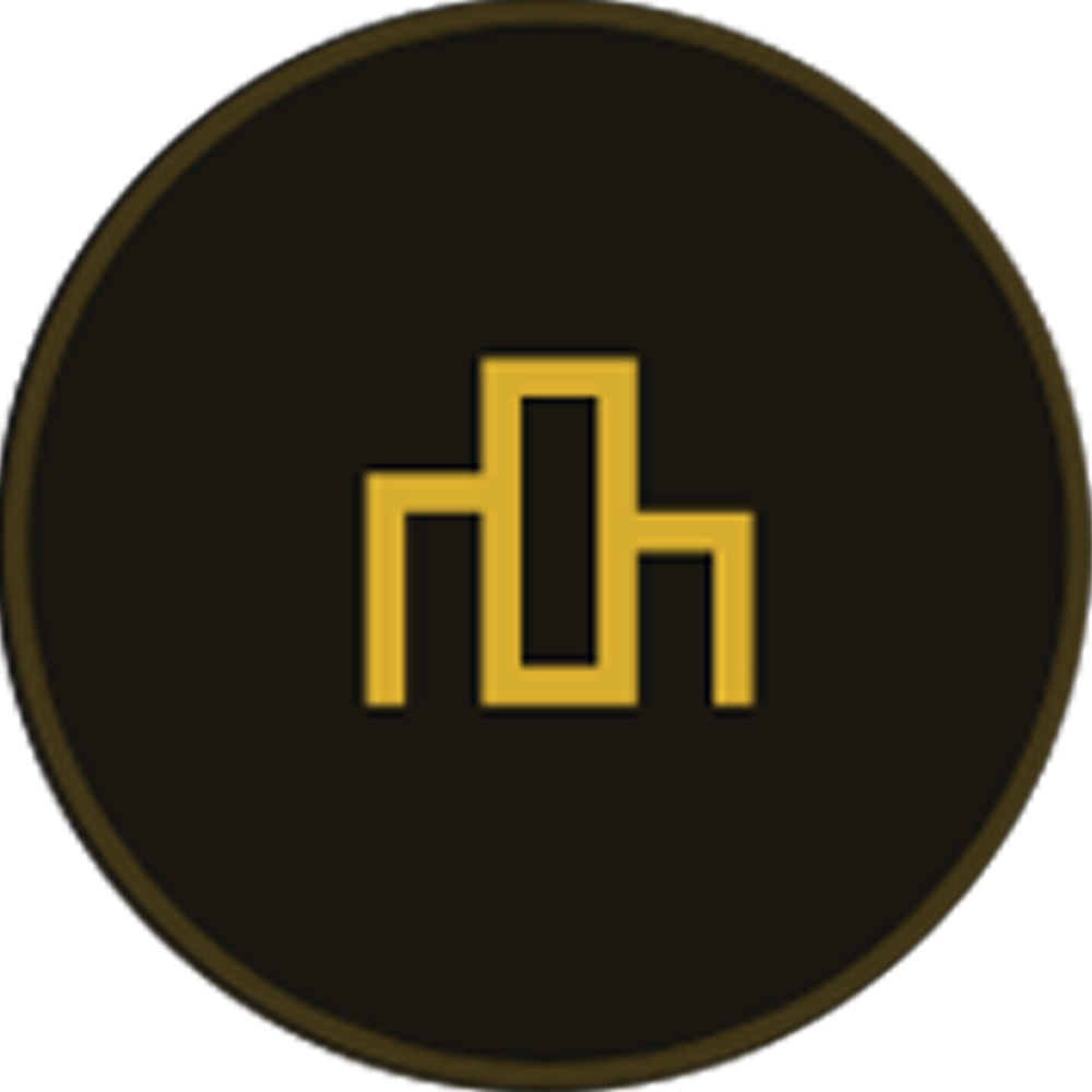 A circular black and gold icon with a stylized bar chart in the center.