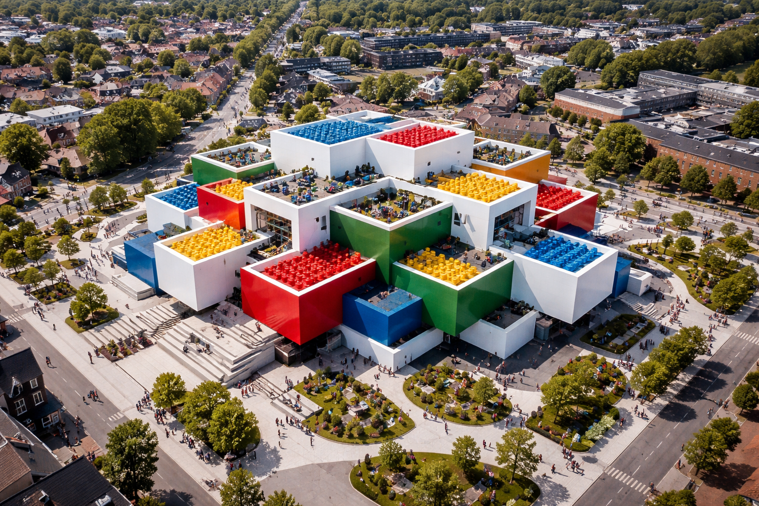 A colorful building resembling LEGO House in Legoland Billund with people walking around in a park area.