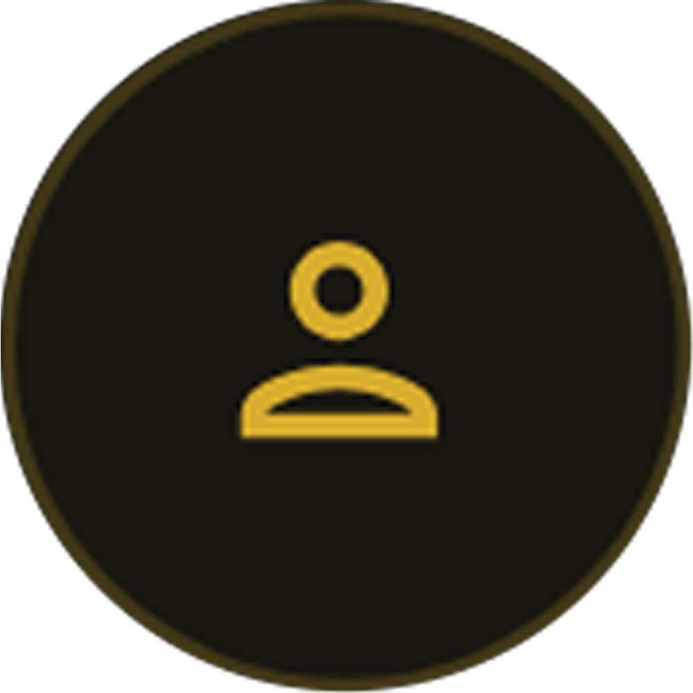 Profile icon with a black background and a gold outline of a person's head and shoulders representing family first.
