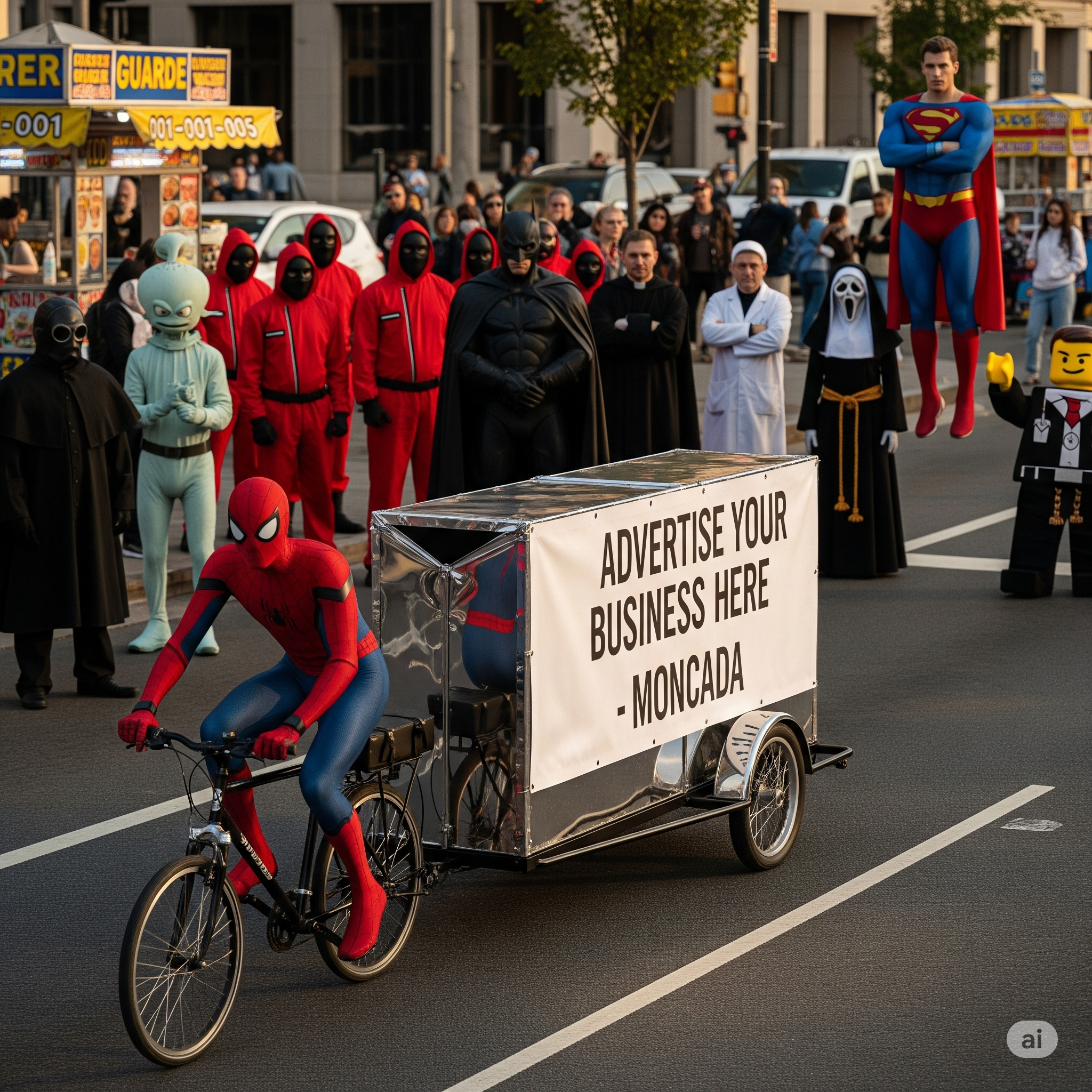 A person dressed as Spider-Man riding a bicycle with a trailer that reads, 'Advertise Your Business Here - Moncada.' Behind, a parade featuring individuals in superhero and costume outfits, including Batman, Superman, and others, with onlookers in the background.