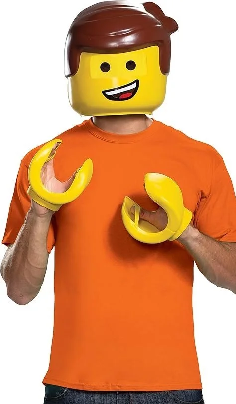 Person wearing an orange t-shirt with a Lego head mask and holding a pair of oversized yellow Lego hands.