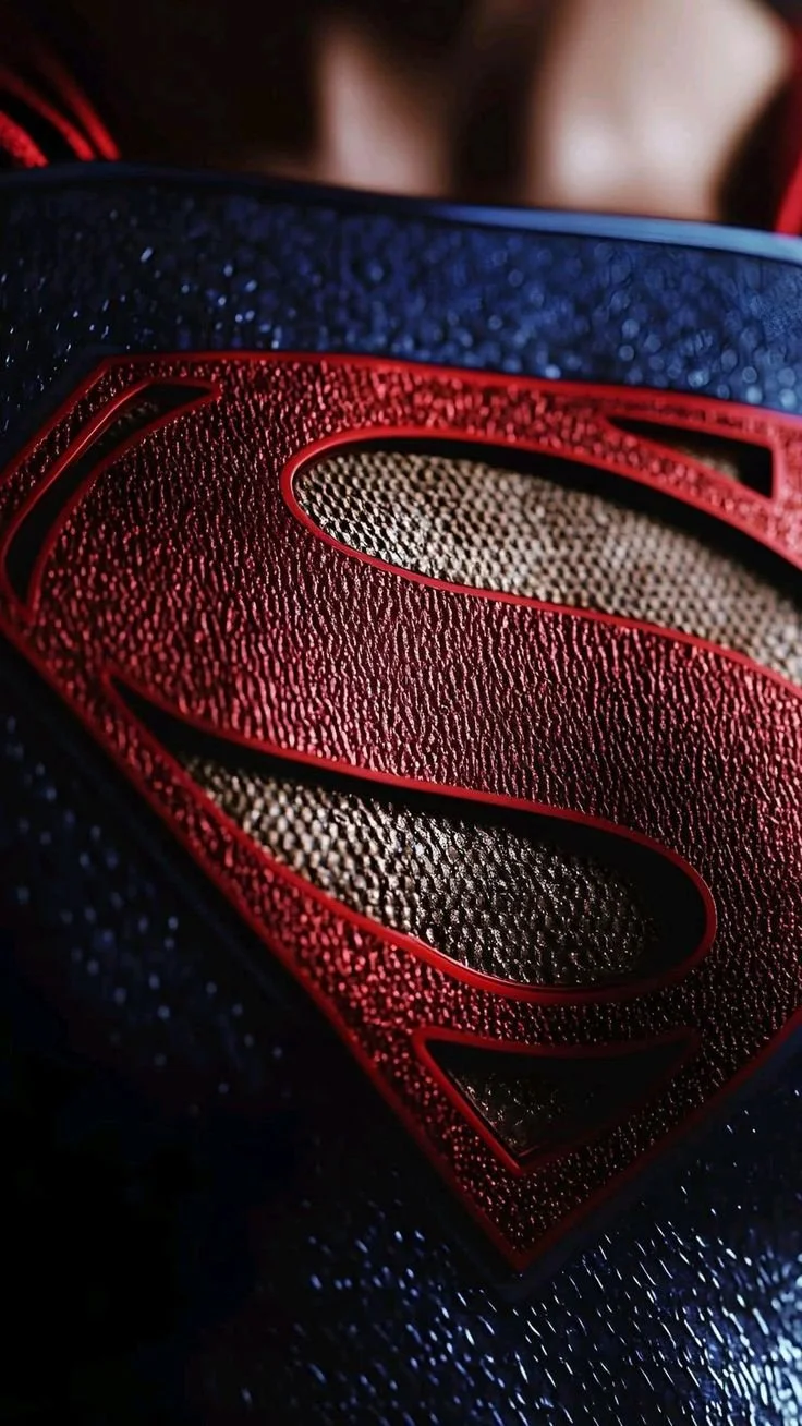 Close-up of the Superman logo on a costume or accessory, featuring a textured fabric background with red and black outlining.