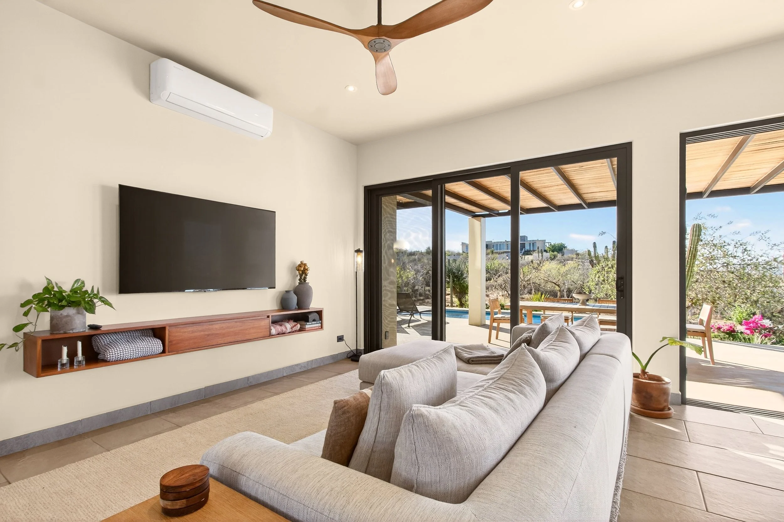 Spacious living area with minimalist decor in Baja coastal home