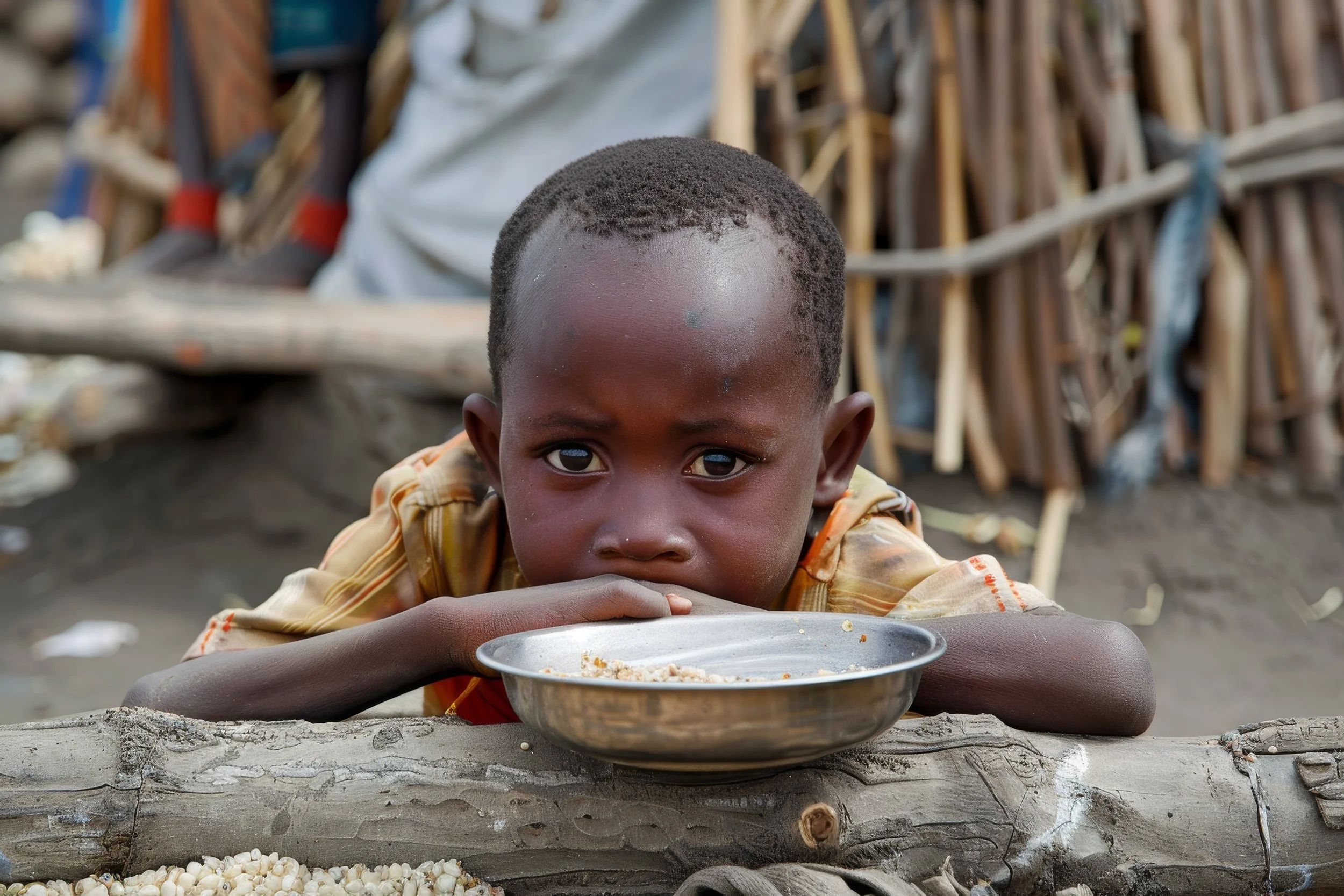 A young boy lying on the ground, resting his head on his arms, with a partially eaten meal in a metal bowl in front of him, in an outdoor setting with makeshift structures in the background.