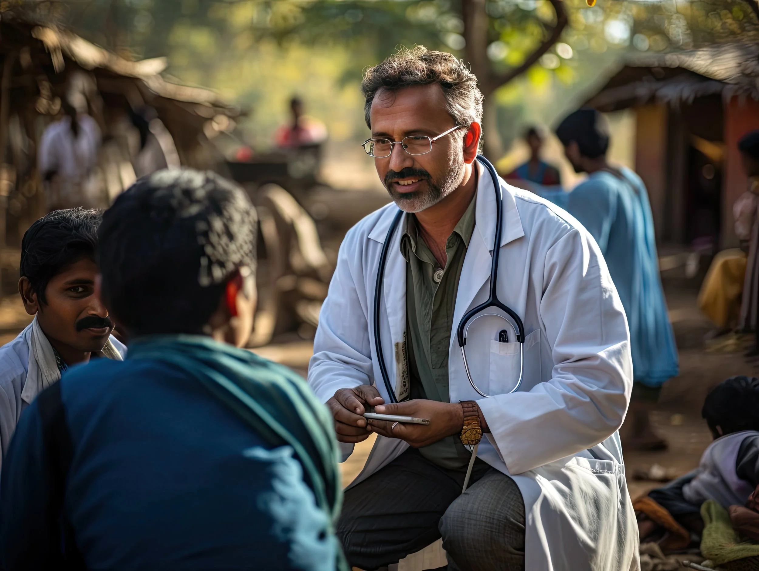 A male doctor with glasses, a white coat, and a stethoscope around his neck, talking to two men outdoors in a rural setting with thatched-roof structures and a bullock cart in the background.