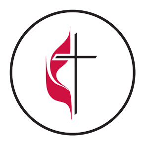 A circular logo with a black outline, featuring a black cross centered between a stylized red and white flame or leaf element on the left side.