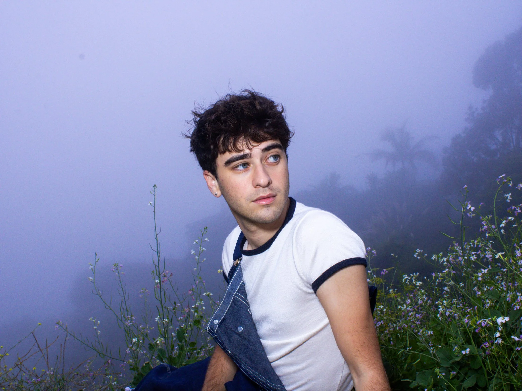 A young man with dark, curly hair and blue eyes sitting outdoors among purple flowers and tall grass, with a misty background of trees and a cloudy sky.