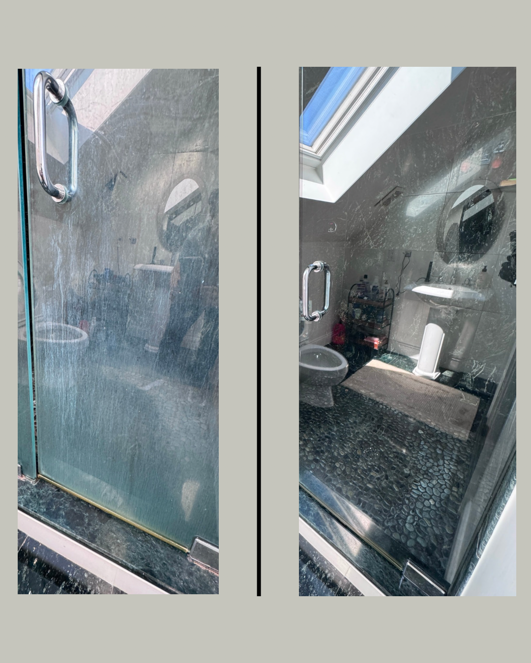 Residential bathroom cleaning: before and after of shower glass door