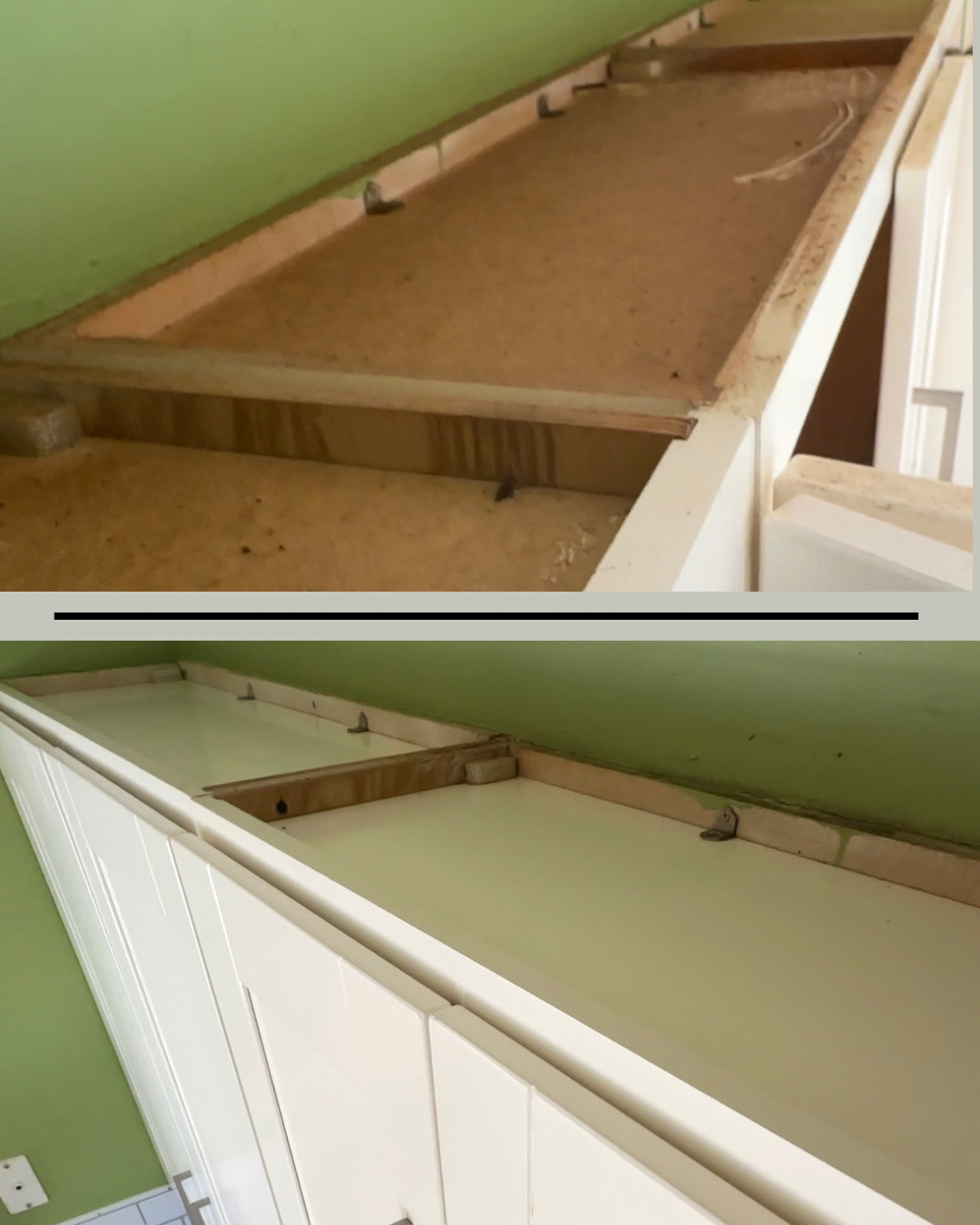 Residential moving cleaning: before and after of kitchen cabinet grease and dust removal