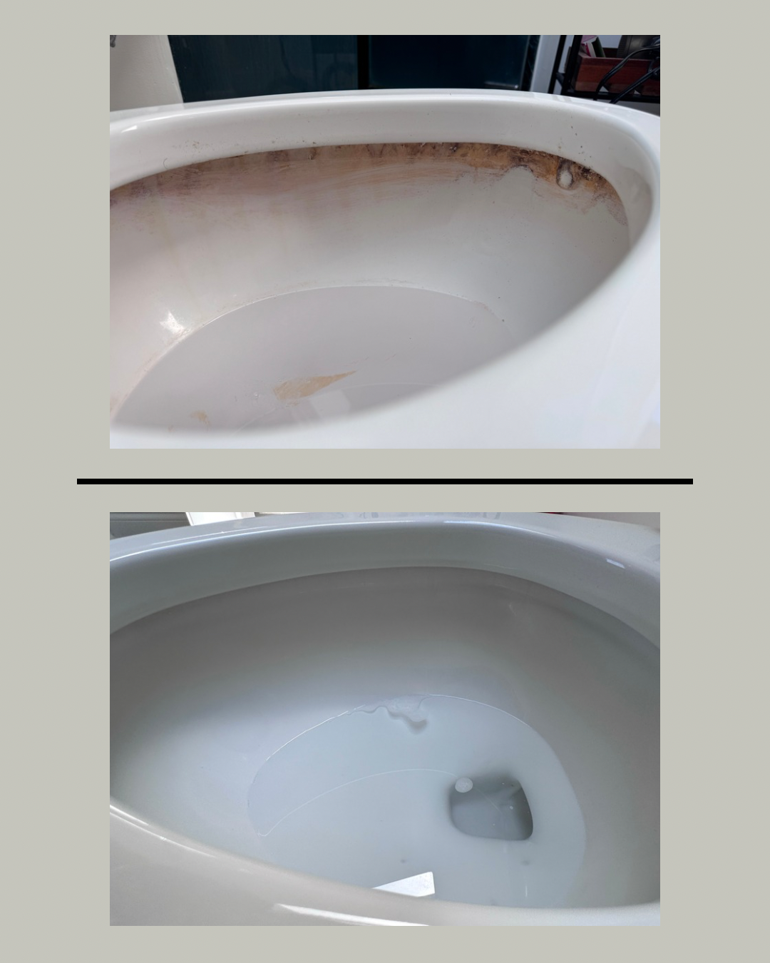 Residential bathroom cleaning: before and after of toilet bowl interior
