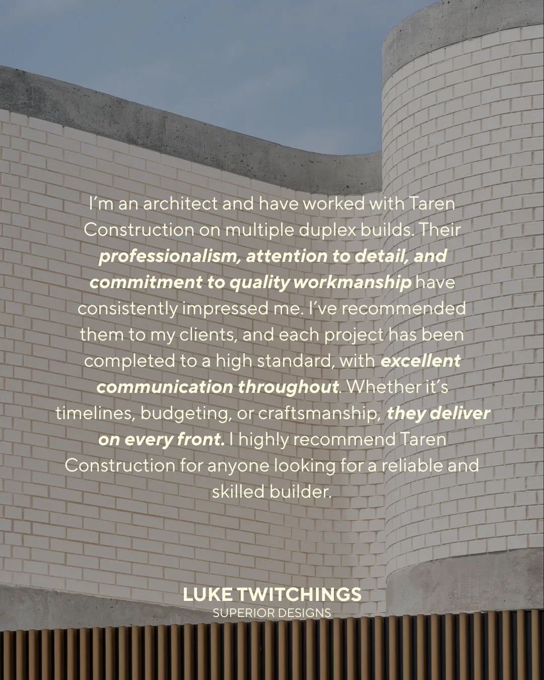 We take pride in working alongside other like-minded industry professionals.⁠
⁠
Thanks to Luke for his kind words about their experience working with us on our Menin project.⁠
⁠
@superior_designs_