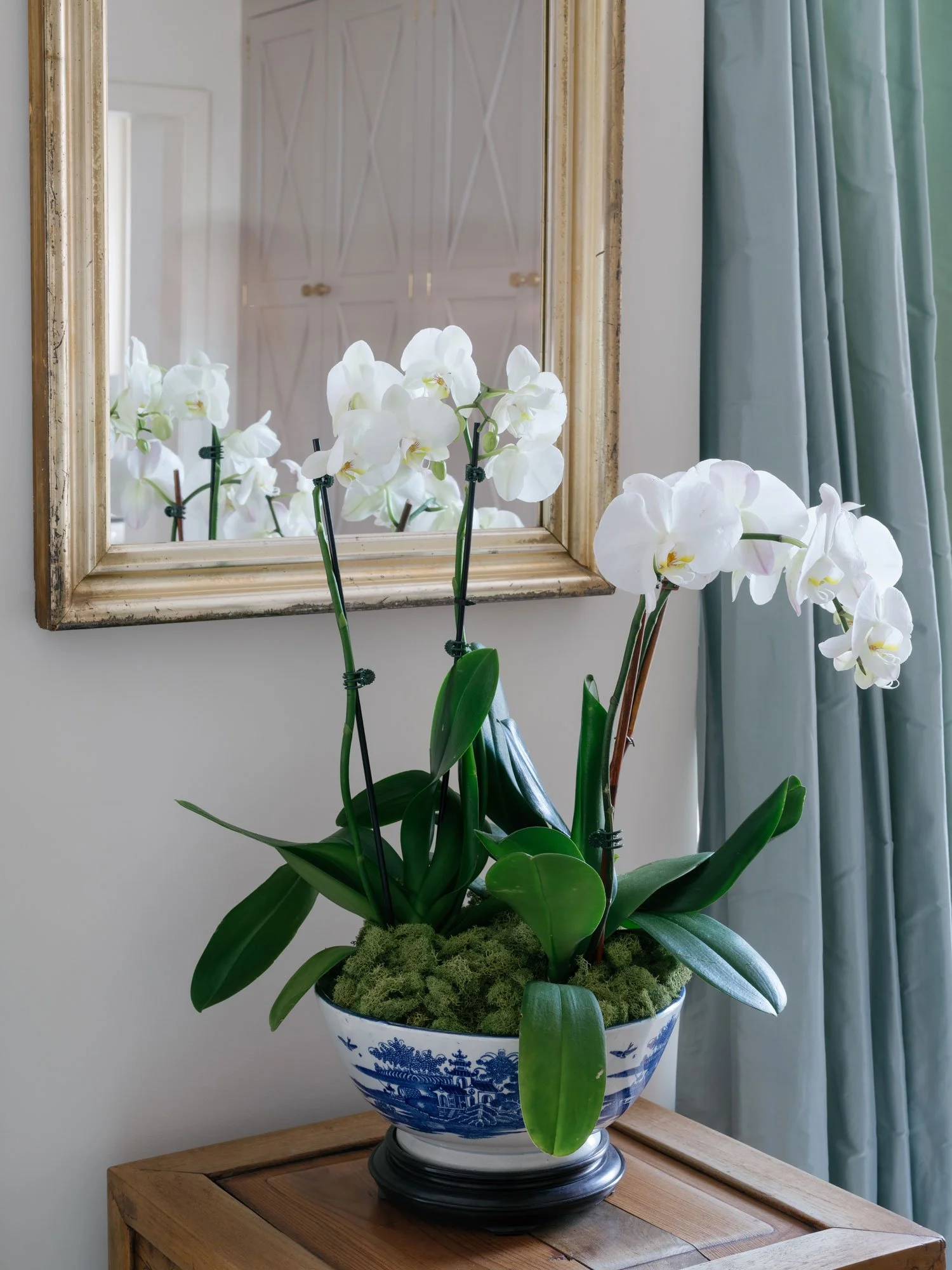 New York City interior design detail by Elizabeth Hartz Interior Design featuring white orchids in a blue and white porcelain planter, styled on a wood cabinet with an antique mirror and soft green drapery.
