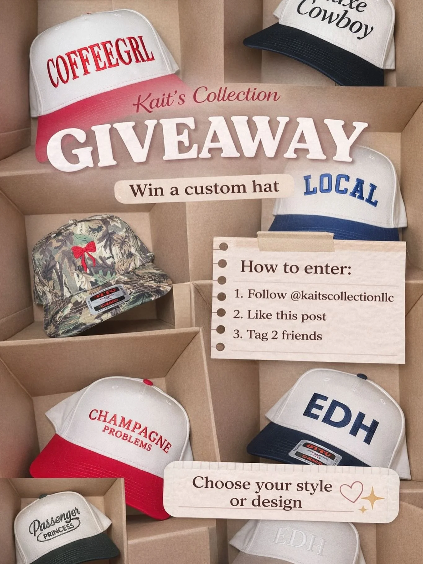 100 FOLLOWERS?! 😭🫶🏼
You guys are the best so we&rsquo;re celebrating BIG

🎉 5 HAT GIVEAWAYS 🎉

You can pick ANY hat from the website or create your own custom design 🤭

How to enter:
&bull; Follow @kaitscollectionllc
&bull; Like this post
&bull