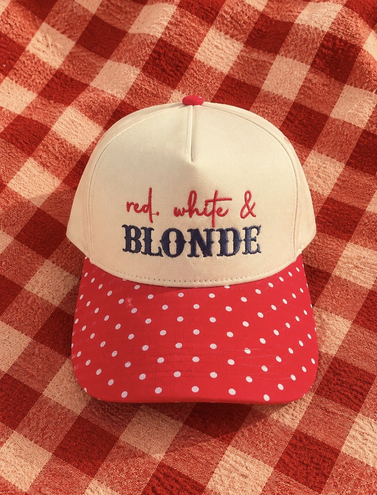 Red, White, & Blonde Red Polka Dot hat