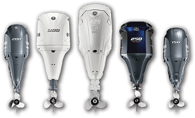 Five Yamaha outboard boat motors in a row
