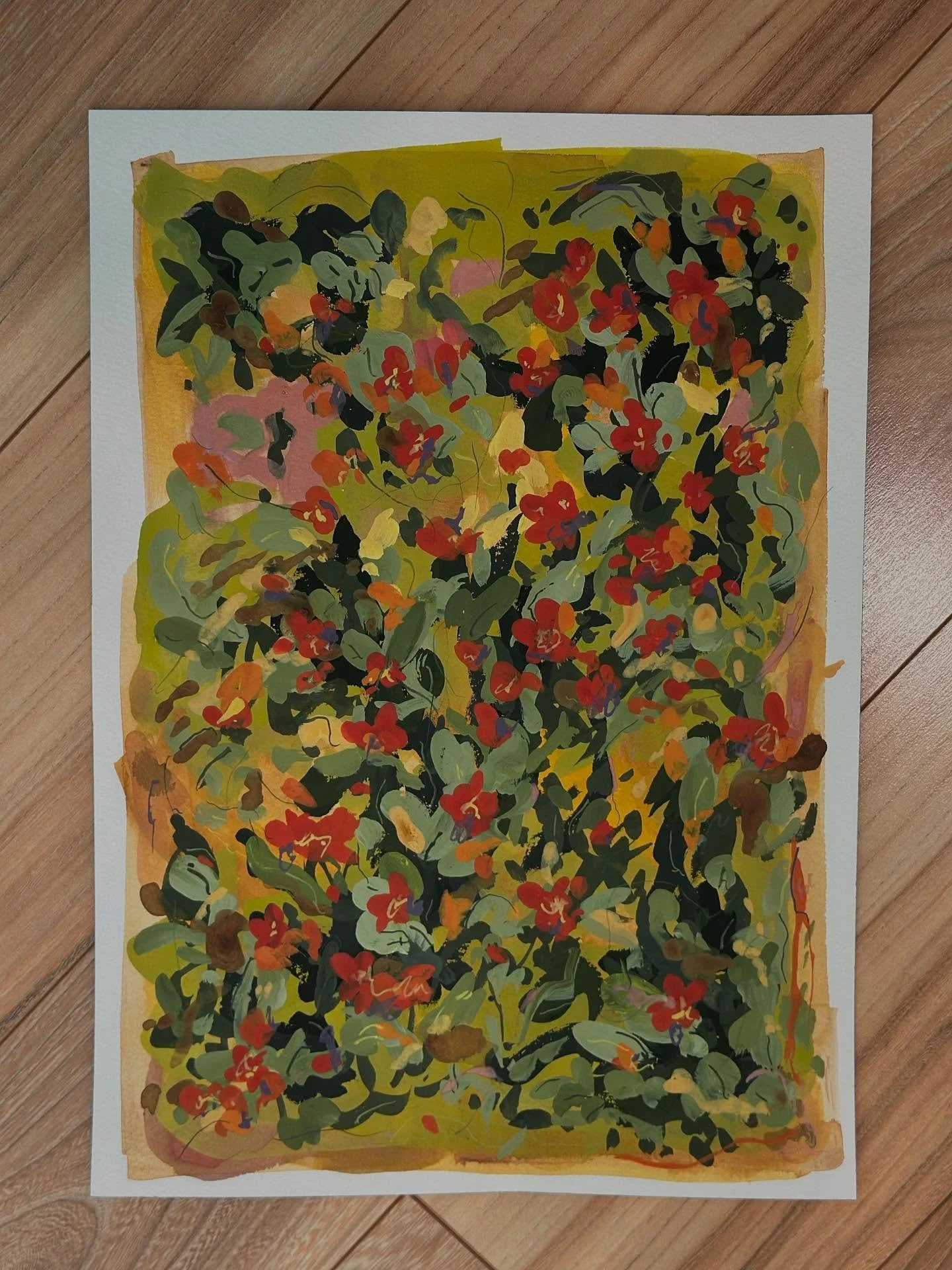 Inspired by @ktscanvases and her eye-spy style paintings, an abstract secret garden spinoff of climbing trumpet vine ❤️ Check out her work! I especially admire her hidden little surprises she thoughtfully places. They&rsquo;re the sweetest! 🐞 ☀️ 🐰 