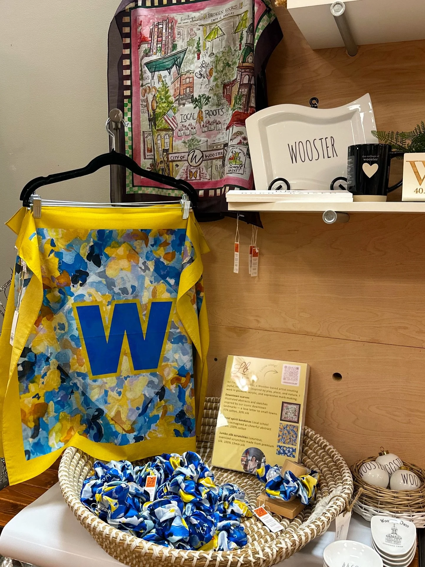 Special Wooster items- from a scarf that includes some of our downtown icons to Wooster Generals bandanas and jumbo silk scrunchies - are out at @shopjkgifts 💙💛 Medina has their own versions of these same things! 🐝