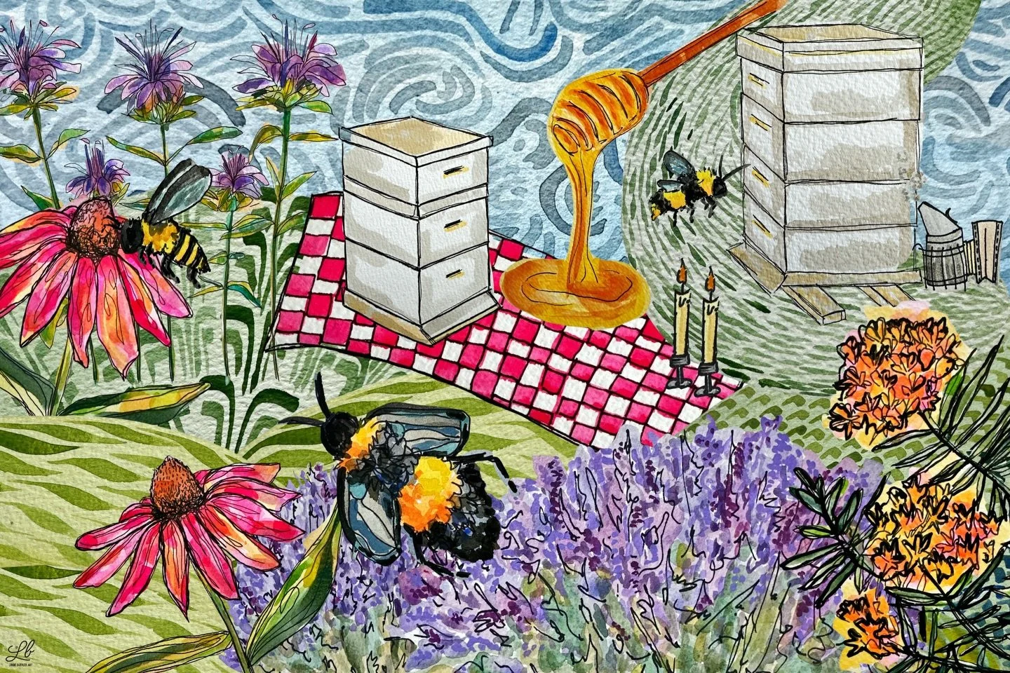 This was the most fun to work on. Each layered component is its own separate piece that I digitally layered in so I could play around with proportion and pattern! 🐝