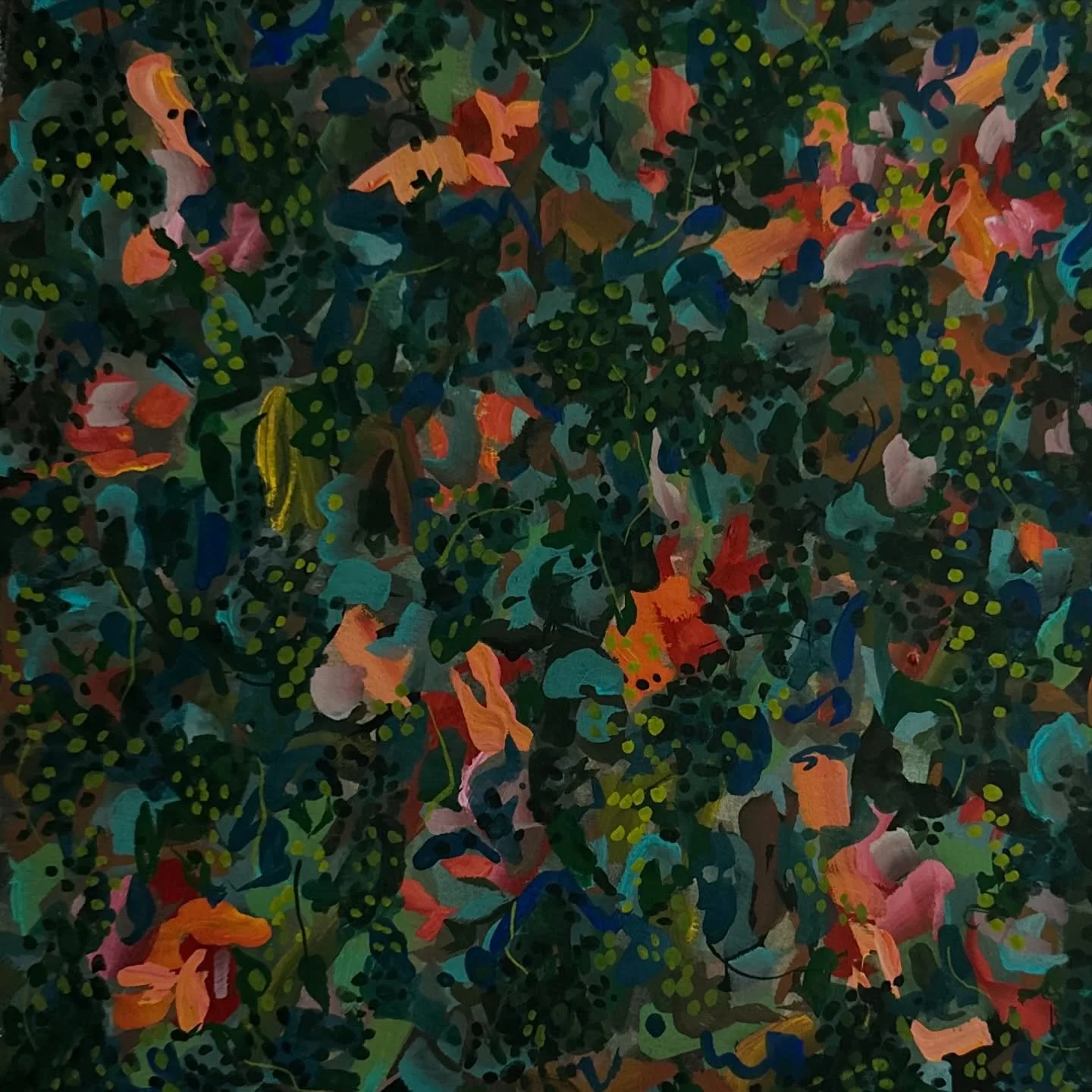 Working on a small series called Midnight Garden full of dark greens and glowing flowers 🌙 🌖 🌺