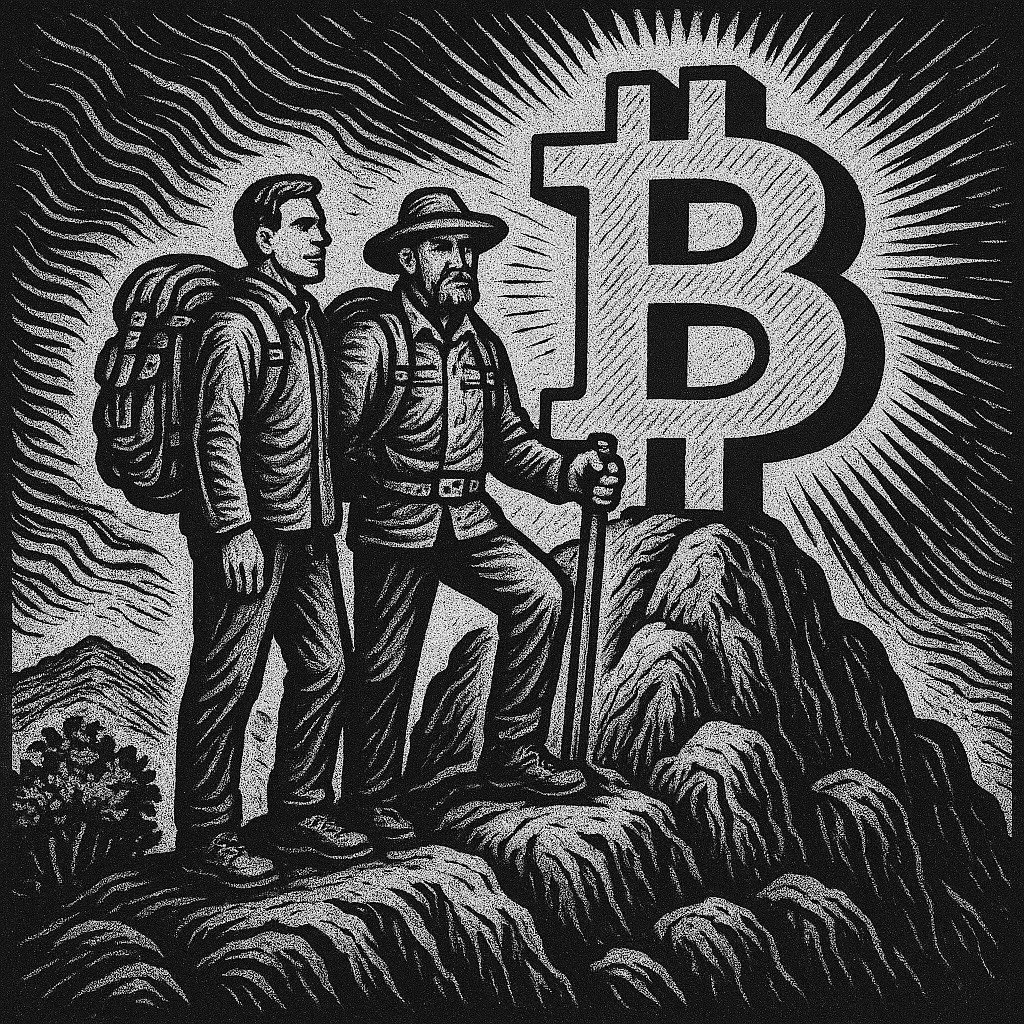 Two hikers with backpacks and walking sticks standing on a mountain peak, with a large Bitcoin symbol emitting rays of light behind them.