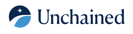 Unchained logo with a stylized wave and star icon.