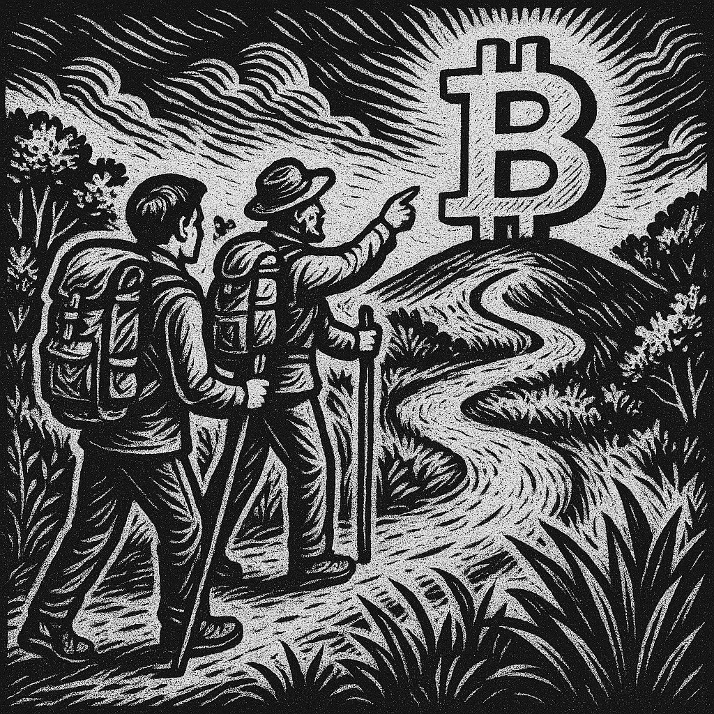 Two hikers walking on a trail towards a large Bitcoin symbol on a hill, with trees and clouds in the background.