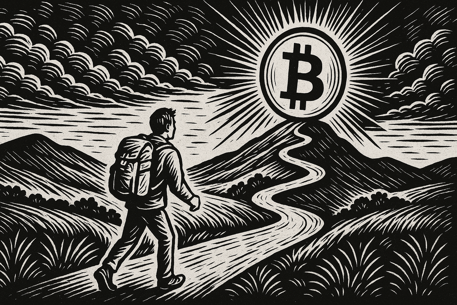 A black and white illustration of a person with a backpack walking along a winding path through a hilly landscape towards a large sun with a Bitcoin symbol in the center.