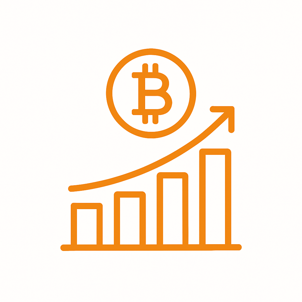 Orange Bitcoin symbol with an upward trending bar graph indicating growth.